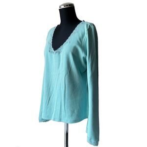 Express Turquoise Lace Trim V Neck Long Sleeve Stretch Knit Shirt - Women's XL